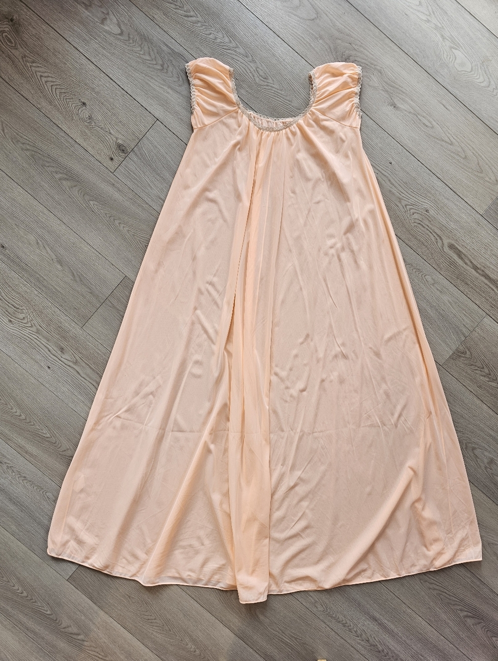 Vintage Van Raalte Peach Nylon Moo Moo Nightgown, Sheer Flowy Lingerie, Med